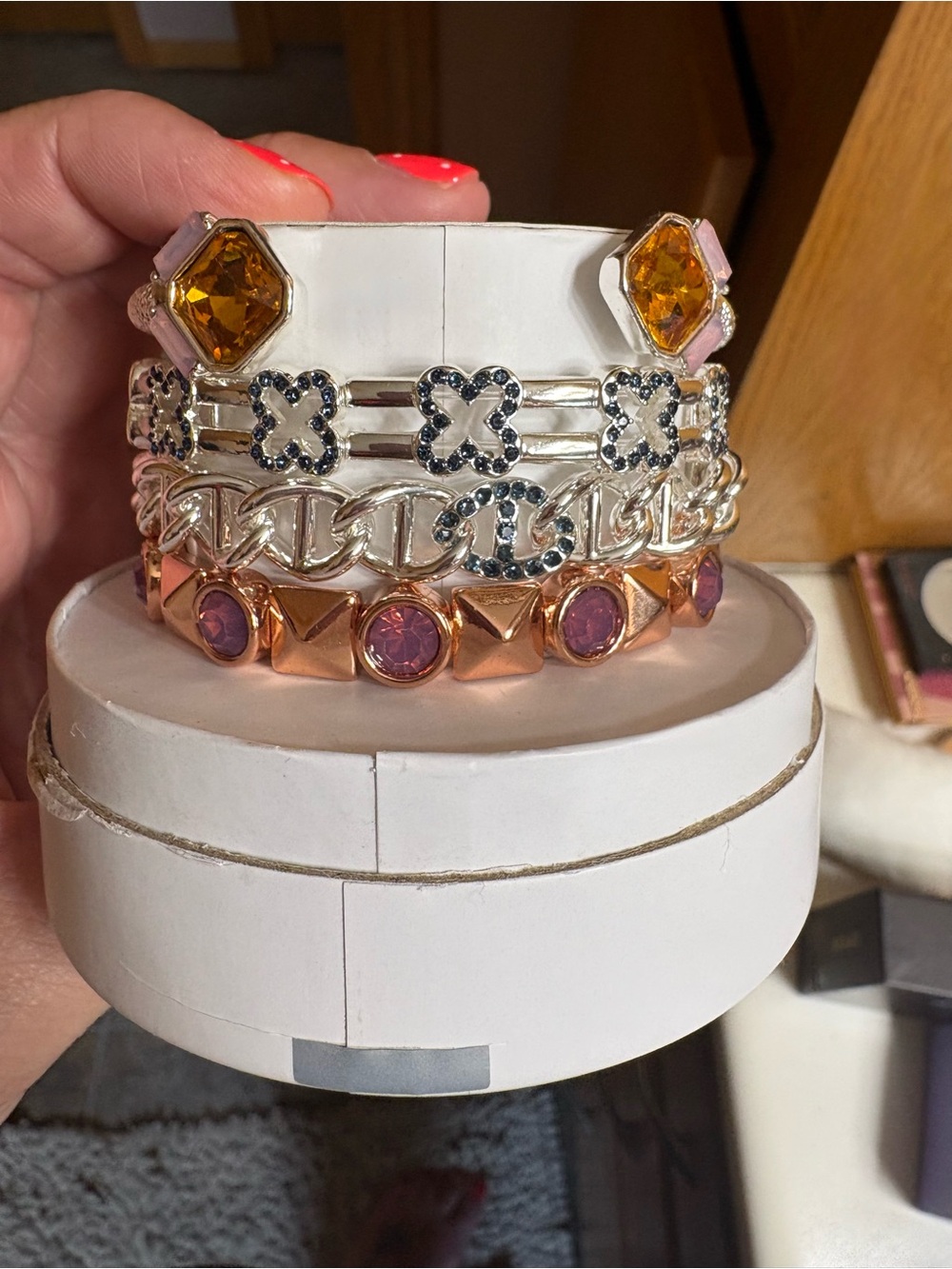 Stackable Mixed-Metal Crystal Link Bracelet Set - Pink & Amber Stones